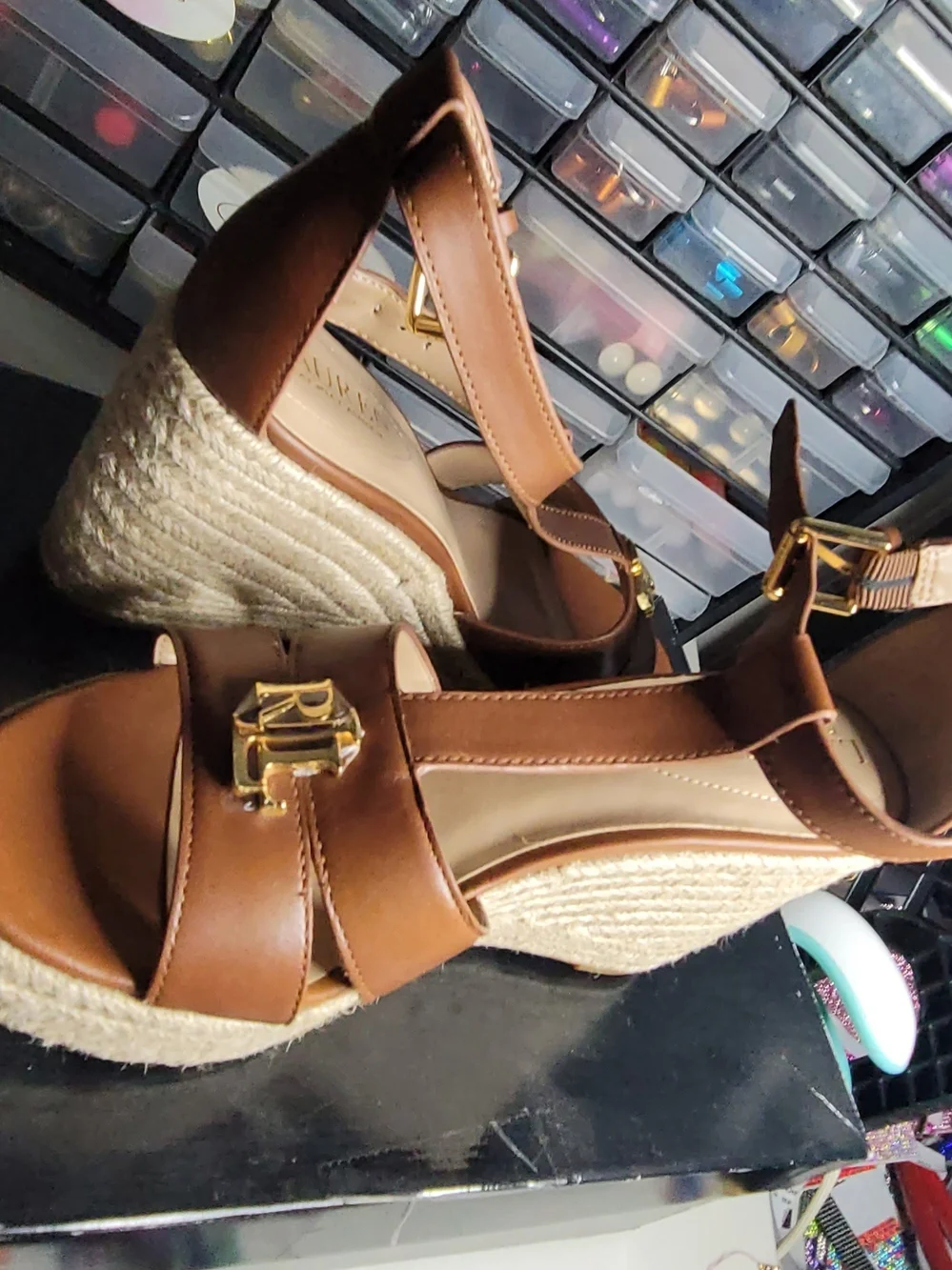 Lauren Ralph Lauren Tan Leather Espadrille Wedge Sandals with Gold RL Plaque